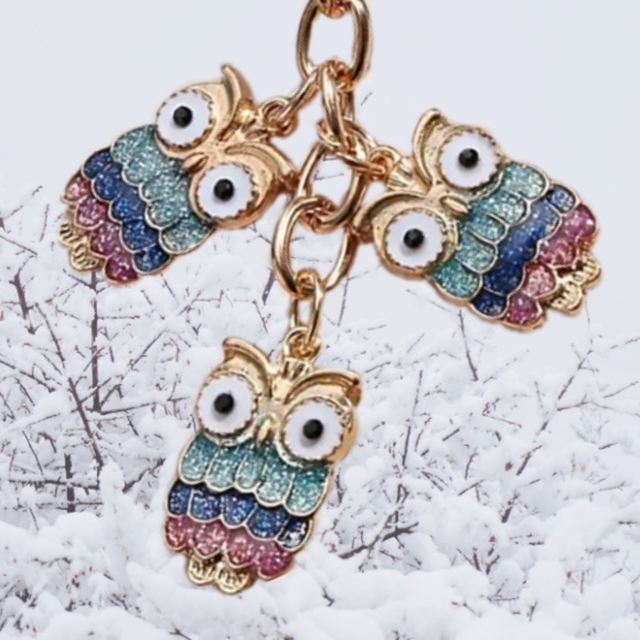 Three Glitter Owls on a Key Ring - Colorful - Each Owl is about 3/4 Inch - Cute - Picture 4 of 5